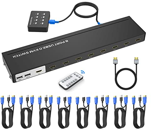 Conmutador KVM HDMI de 8 puertos, Yinker 4K @30Hz USB HDMI Rack KVM Consola KVM 8 en 1 con 9 cables 4 concentradores USB 2.0 selector de escritorio IR remoto y orejas