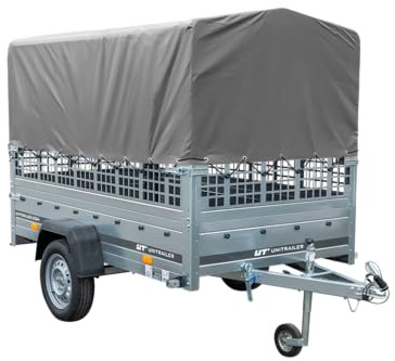 Garden Trailer 230 Hochplane 750 kg, Bügel grau, Autoanhänger mit Schutzgitter, Stützrad, Transportfläche 230cm x 125cm