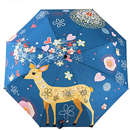 TaissBocco Netter Hirsch Regenschirm Regen Sun Compact Automatischer Regenschirm Sunblock Winddicht für Frauen Männer Mädchen Jungen