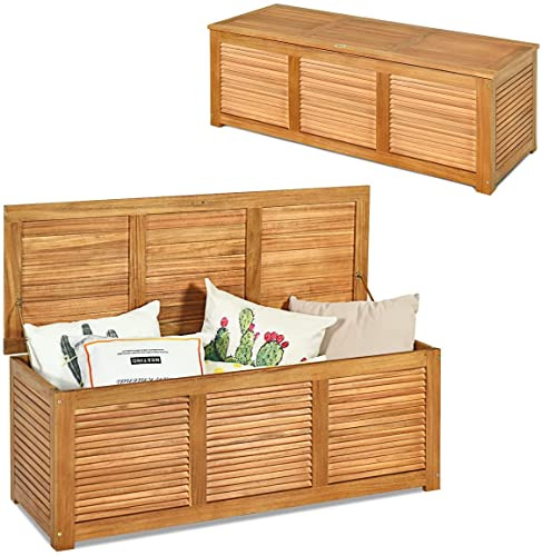 RELAX4LIFE Coffre de Jardin Extérieur en Bois d'Acacia 178 L, Coffre de Rangement Malle en Bois avec Charnière Métallique Stockage des Outils&Jouets, pour Jardin Terrasse Balcon