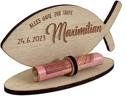 minimutz Geldgeschenk personalisiert zur Taufe | Gravierter Fisch aus Holz zum Geld verschenken und verpacken mit Namen | Taufgeschenk für Kinder Mädchen Jungen