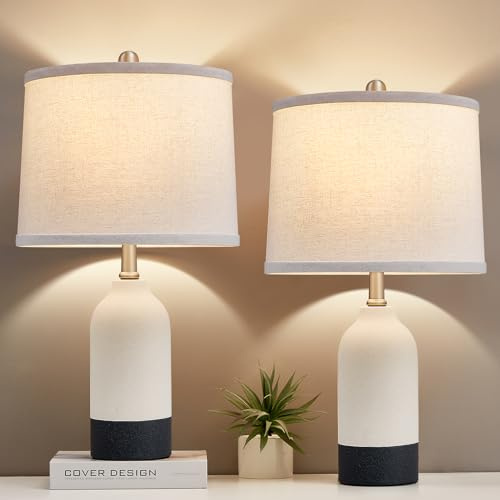 Modern Ceramic Table Lamp Set of 2, Adjustable Color Temperature Bedside Lamps for Night Stands with Fabric Drum Shade, Nightstand Lamps for Bedroom, Living Room, Desk, Includes 2 Bulbs (21.4)