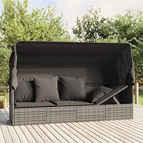 BULANED Outdoor-Loungebett mit Dach und Kissen, Lounge Sofa Outdoor, Sonneninsel Outdoor, Outdoor Liege, Daybed Outdoor, Outdoor Bett, Garten Lounge, Grau Poly Rattan