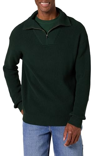 Amazon Essentials Pull en Tricot côtelé, Coupe décontractée, col zippé Homme, Vert Foncé, M