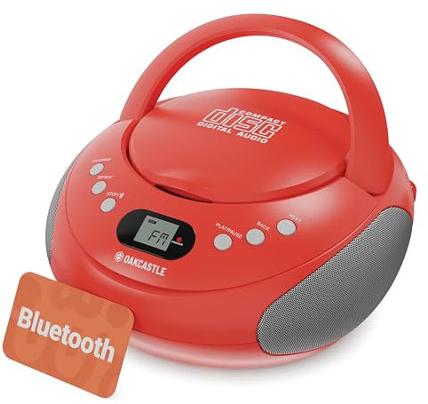 Portable Bluetooth CD Boombox with FM radio | CD, CD-R, CD-RW | 30 Presets | Easy Controls, LED Display, Headphone Jack | OAKCASTLE CD250 (Red)