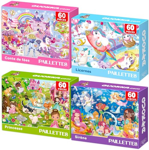 QUOKKA Puzzles for Kids Ages 4-6 - Set of 4x60 Jigsaw Puzzles for Toddlers 3-5 - Unicorn Princess Animals Toys for Children 6-8 yo - Gift Educational Game for Boys & Girls