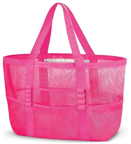 ONCCI Sac de Plage Femme XXL Famille, Sac de Plage en Maille Shopper Femme Fourre-Tout pour Plage Voyage Shopping Pique-nique et vie de tous Les Jours (Rose)