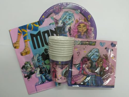 Lote de Vajillas Juveniles Monster High (24 Vasos, 24 Platos, 40 Servilletas y 2 Manteles) .Detalles y Decoración para Fiestas de Cumpleaños, Halloween, Bodas, Bautizos, Comuniones. AB
