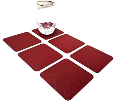 Nikalaz Untersetzer, Untersetzer Gläser, Glasuntersetzer, Getränkeuntersetzer, Recyceltes Leder, 10 x 10 cm (6er-Set, Rot)