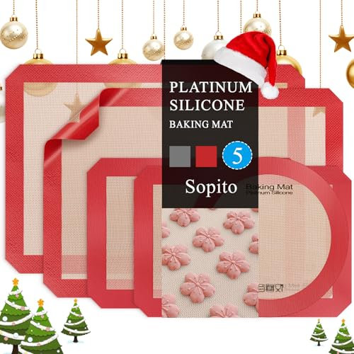 Silicone Baking Mat, Sopito Set of 5 Non Stick Baking Sheets Reusable Heat Resistant 250°C/480°F Silicone Pastry Mat for Roasting and Food Preparation, Red