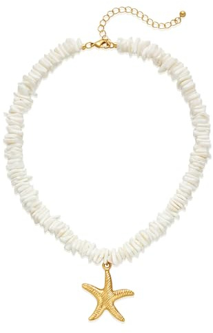 HolidayQbee Seestern Kette Damen Kette mit Seestern-Anhänger, Weißer Muschelkette, Boho Stil, Perfekt für den Sommer, Geschenk für Frauen