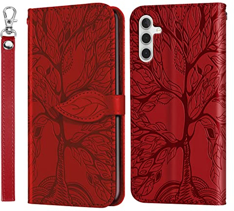 Vkooer Étui de protection pour Samsung Galaxy A16 5G - En cuir synthétique - Avec compartiments pour cartes - Dragonne - Fermeture magnétique - À rabat - Rouge