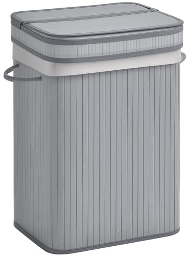 HOMCOM Bambus Wäschekorb schmal mit Deckel 70 L Wäschesammler mit Griffen, herausnehmbarer Wäschesack, Laundry Baskets für Waschküche Schlafzimmer Badezimmer Grau