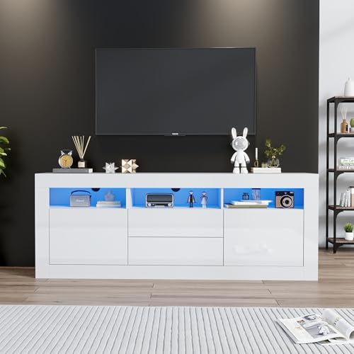 Jaxenor 160cm Smart App Led Hochglanz TV Schrank, TV Lowboard mit Glasböden, Moderner Fernsehschrank TV Board für 70 Zoll TV Wohnzimmer, 3 offenen Fächern, 2 Türen, 2 Schubladen, Weiß