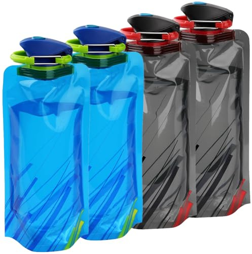 4 StückFaltbare Trinkflasche, 700ml Wiederverwendbare Trinkflasche Faltbar, BPA-Freie Wasserflasche mit Clip, Trinkflaschen Faltbar, Wasserflasche für Sommerlager, Reisen, Festivals, Ausflüge