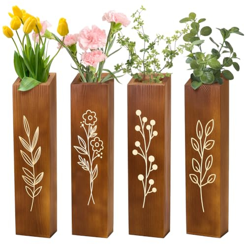 Peacoblue Wood Wall Planter, 4 Pack Indoor Pocket Wall Vases Decor for Boho Farmhouse Living Room Bedroom Dried Flowers Faux Greenery Plants Brown