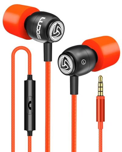 Ludos CLAMOR Wired Earbuds in-Ear Headphones, 5 Years Warranty, Earphones with Microphone, Noise Isolating Ear Buds, Memory Foam for iPhone, Samsung, School Students, Kids, Women, Small Ears - Coral