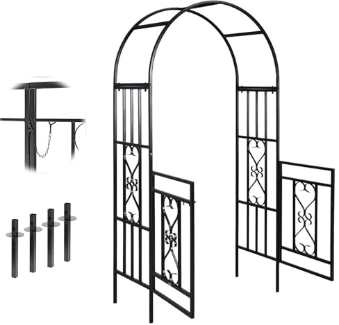 Rosenbogen aus Metal Torbogen Rankhilfe Mit Tür, Eleganter Gartenbogen Rankbogen Spalier, Wetterfest Pflanzen Rankgitter Pergola Mit Türverriegelung und Bodenankern 114x210cm(Black)