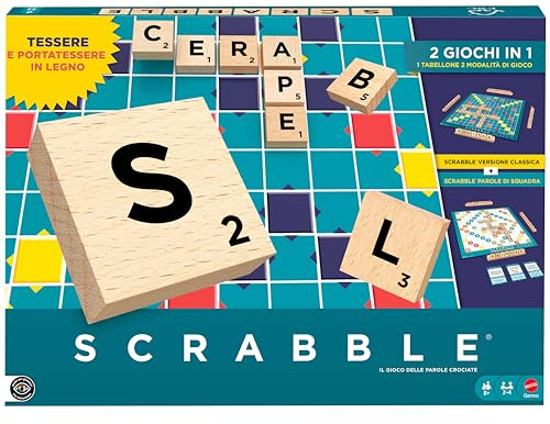 Mattel Games - Scrabble in legno, versione in italiano del gioco da tavolo con le parole, doppia modalità di gioco girando il tabellone e tessere in legno, 8+ anni, JLJ56