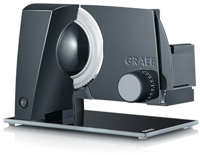 GRAEF Allesschneider STYLE S12002 Schwarz mit Glasbodenplatte, Edelstahl-Wellenschliffmesser, stufenlos einstellbare Schnittstärke 0–20 mm, Sicherheitsverschluss, Dauerfunktion und Schnellreinigung