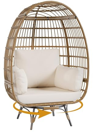 AffinityFurn Snow-White Weatherproof Egg Chair - Indoor/Outdoor Rattan Swivel Seat with Deep Cushion, Steel Base for Balconies & British Gardens