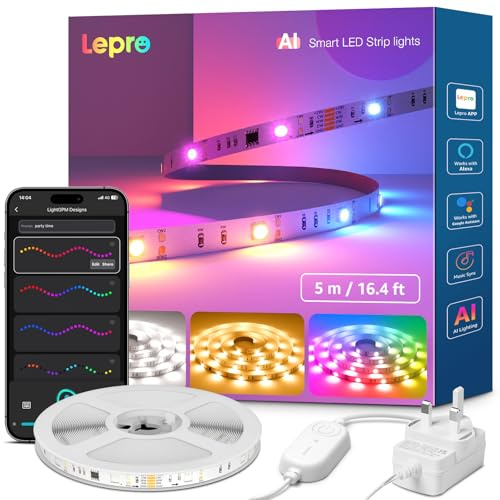 Lepro S2 AI Smart LED Strip Light 5M RGBWW+IC, App & Voice Control, 1200LM | Warm to Cool White 2700-5700K, Works with Alexa & Google Home, Music Sync, Multicoloured Lightstrip for Bedroom, Room Decor