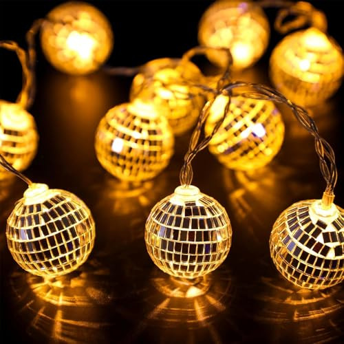 MEISHANG Discokugel Lichterkett,10 LED Spiegelkugel Mini,150cm Discokugel Lichterkette,Christbaumschmuck,Disco Deko für Weihnachtsbaum Hochzeit Home Party Geburtstagsfeier(Warmweiß)