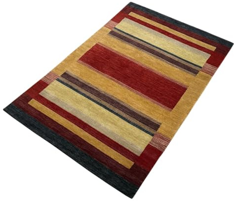 Gabbeh Teppich 100% Wolle 120x180 cm Rot Gold Bunt Handgewebt Orientteppich BR10