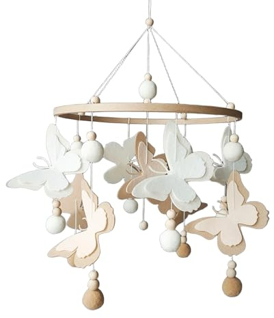 Schmetterlingen Baby Mobile mit Pompons – Neutrales Schmetterlings Mobile in Beige Braun – Handgemachtes Mobile fürs Babybett & Babyzimmer Deko – Perfekt als Baby Shower Geschenk