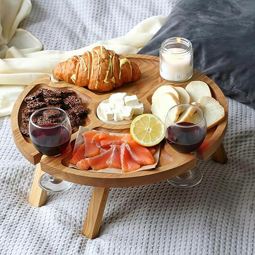 Folding Portable Outdoor Wine Picnic Table with Glasses and Bottle Holder - Modern Wooden Design - Perfect for Outdoor Gatherings