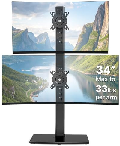 Pegzone Vertical Dual Monitor Stand for 17–34 Inch Screens, Tabletop | Stacked Monitor Mount, Holds up to 33 lbs per Arm, Screens Riser with Full Motion, 33.3 Pole 12 Height Settings, 75/100 VESA