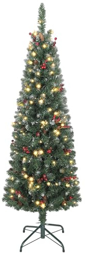 HOMCOM Albero di Natale Slim 150 cm Artificiale, Luci Incorporate, 311 Rami | 8 Modalità, Rami Folti Ignifughi Innevato, 30 Pigne, 30 Grappoli di Bacche, Albero Natale Stretto e Alto, Base in Metallo