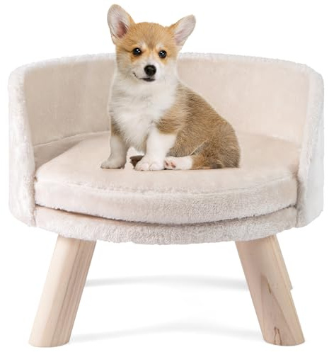 COSTWAY Sofá Cama Alta para Perros Pequeños, Cama para Gatos con Cojín Redondo Acolchado, Sofá para Mascotas con Patas de Madera, Mueble Elevado para Mascotas con Cojín, 42 x 42 x 33 cm