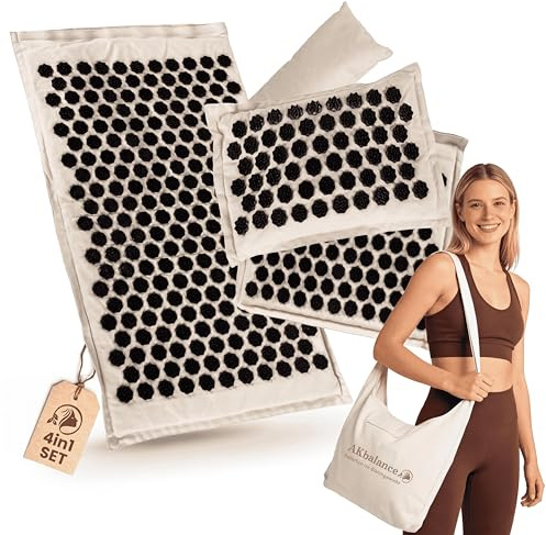 AKbalance Akupressurmatte Beige, Wüstensand I 5er-Set mit Matte, Nackenkissen, Fußkissen, Stützkissen, Tragetasche I über 500 Druckspitzen im Kristalldesign für Rücken, Nacken Füße I waschbare Bezüge