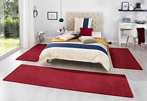 Hanse Home Teppich Bettumrandung Fancy 3-teilig – Bettvorleger Velours Teppichläufer Kurzflor Einfarbig Läufer-Set für Kinderzimmer Schlafzimmer, Rot 2X 67x140 cm 1x 67x250cm