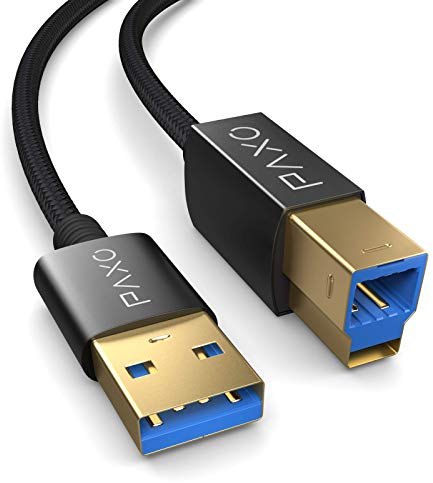PAXO 2m Nylon USB 3.1 (USB 3.0) Druckerkabel, schwarz, USB A Stecker auf USB B, Ladekabel, Datenkabel, Goldstecker