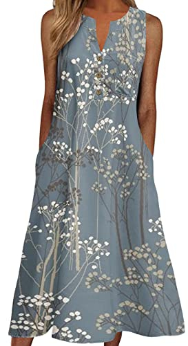 Lazzboy Frauen Tägliches Beiläufiges V-Ansatz Sleeveless Boho Blumensundress Maxi Kleid Damen Lange Kleider Sommerkleid Tops Vintage Oansatz Plus Größe Taschen Dress(Marine,5XL)
