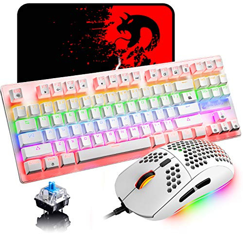 Mechanical Gaming Keyboard Blue Switch Mini 82 Keys Wired Rainbow LED Backlit Keyboard,Lightweight Gaming Mouse 6400DPI Honeycomb Optical,Gaming Mouse Pad for Gamers and Typists(White)