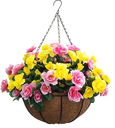 Indoors And Outdoors Artificial Yellow And Pink Big Azaleas Cute DIY Chain Hanging Basket With Flower Pot Home Accessories (Small Basket)