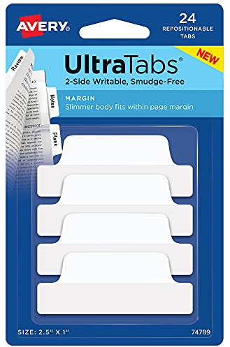 Avery Margin Ultra Tabs, 2.5 x 1, 2-Side Writable, White, 24 Repositionable Page Tabs (74789)