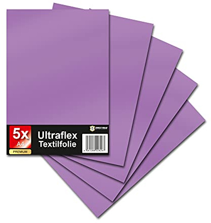 Finest Folia Ultraflex S Textilfolie für Plotter 61 Farben Din A4 Bogen 30x20cm Plotterfolie matt auf Stoffe Kleidung T-Shirt Folie Flexfolie DIY Zubehör (38 Flieder, 5er Set)