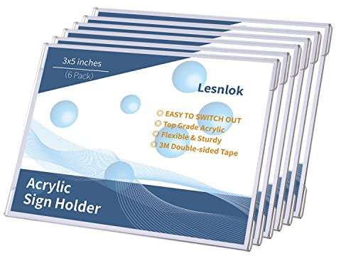 Lesnlok 6 Pack 3 x 5inch Acrylic Sign Holder Wall Mount Sign Holders Clear Acrylic Frame with 3M Tape Adhesive Clear Poster Frames Plastic Sign Holder （Please remove the protective film before use）
