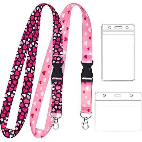 Zonon 2 Sets Schlüsselband Umhängeband mit Kartenhalter Umhängeband Lanyard Schlüsselband und Wasserdichte Transparente PVC Ausweishalter für Ausweis Büro Zubehör Reise(Herz Stil) | Transparente PVC-Hülle, abnehmbarer Clip für Büro, Schule, neuartiges Druckmuster, freihändige Ausweis-Display-Lösung