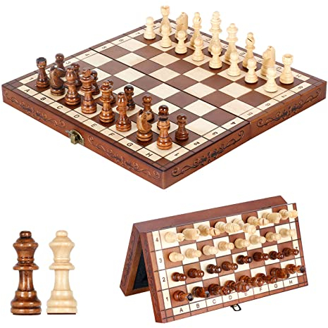 Syrace Schachbrett Schachspiel Schach aus Holz, zusammenklappbar handgefertigt Magnetisches Schachspiel für Kinder und Erwachsene Gut für Drinnen Draußen und Reisen