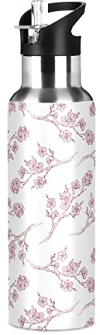Bouteille d'eau isotherme en acier inoxydable avec paille, motif fleurs de cerisier Sakura pour enfants et adultes, étanche, 1 l