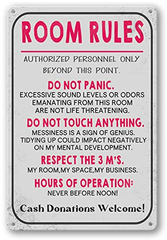 Letrero de reglas de habitación para adolescentes y niños, decoración de puerta, accesorios de pared para dormitorio, cosas geniales, letreros de metal divertidos de 30,5 x 20,3 cm