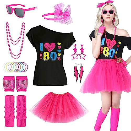 80er Jahre Outfit Damen, Kostüm Damen 80er Jahre Kleidung Damen Set, Kostüm Zubehör Set mit T-Shirt Tutu Stirnband Ohrring Halskette für Mottoparty, Karneval (Rosa-Set, S)