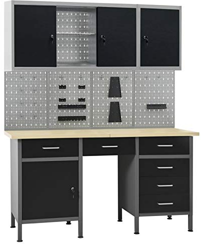 Werkbank mit 4 Werkzeugwänden und 2 Wandschränken, CIADAZ Werktisch, Arbeitstisch, Schweißtisch, Maschinenuntergestell, Werkzeugbank