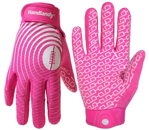 HANDLANDY Youth Football Gloves, Sticky Wide Receiver Gloves for Kids, White and Gold Stretch Fit Football Glove (Pink and White, Medium)