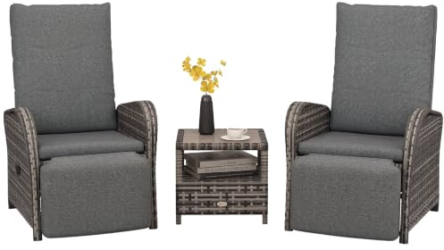 Outsunny 3 Pieces Rattan Bistro Set with Reclining Sun Loungers, Brown | Wicker Balcony Furniture Set, 2-Tier Coffee Table, Cushions, 5 Seater Garden Furniture, Outdoor Patio Balcony